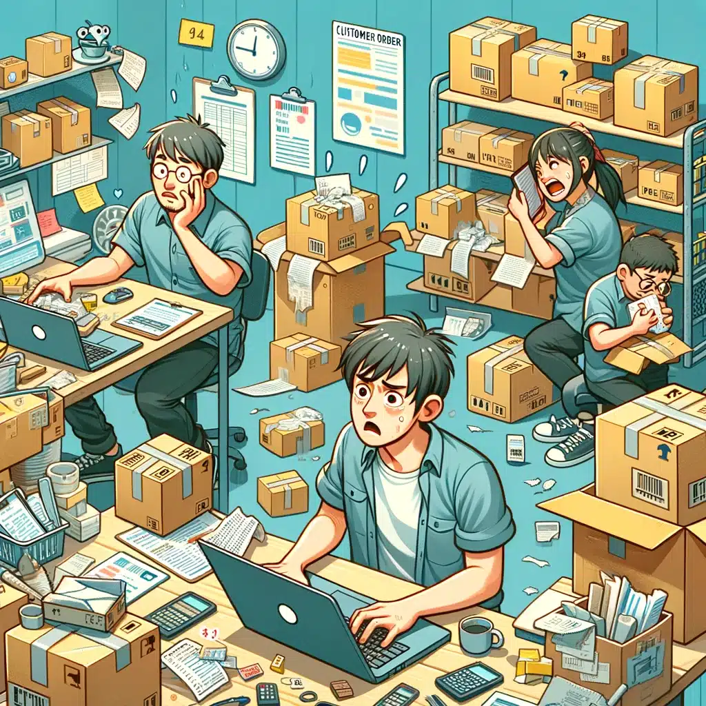 Funny cartoon depicting overwhelmed workers trying to keep up with customer demand.
