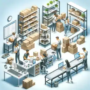 Illustration depicting several workers in a small warehouse fulfilling customer orders.